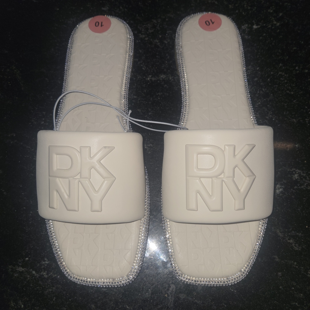 DKNY White Slide Sandals with Embossed Logo and Rhinestone Trim - Picture 1 of 4